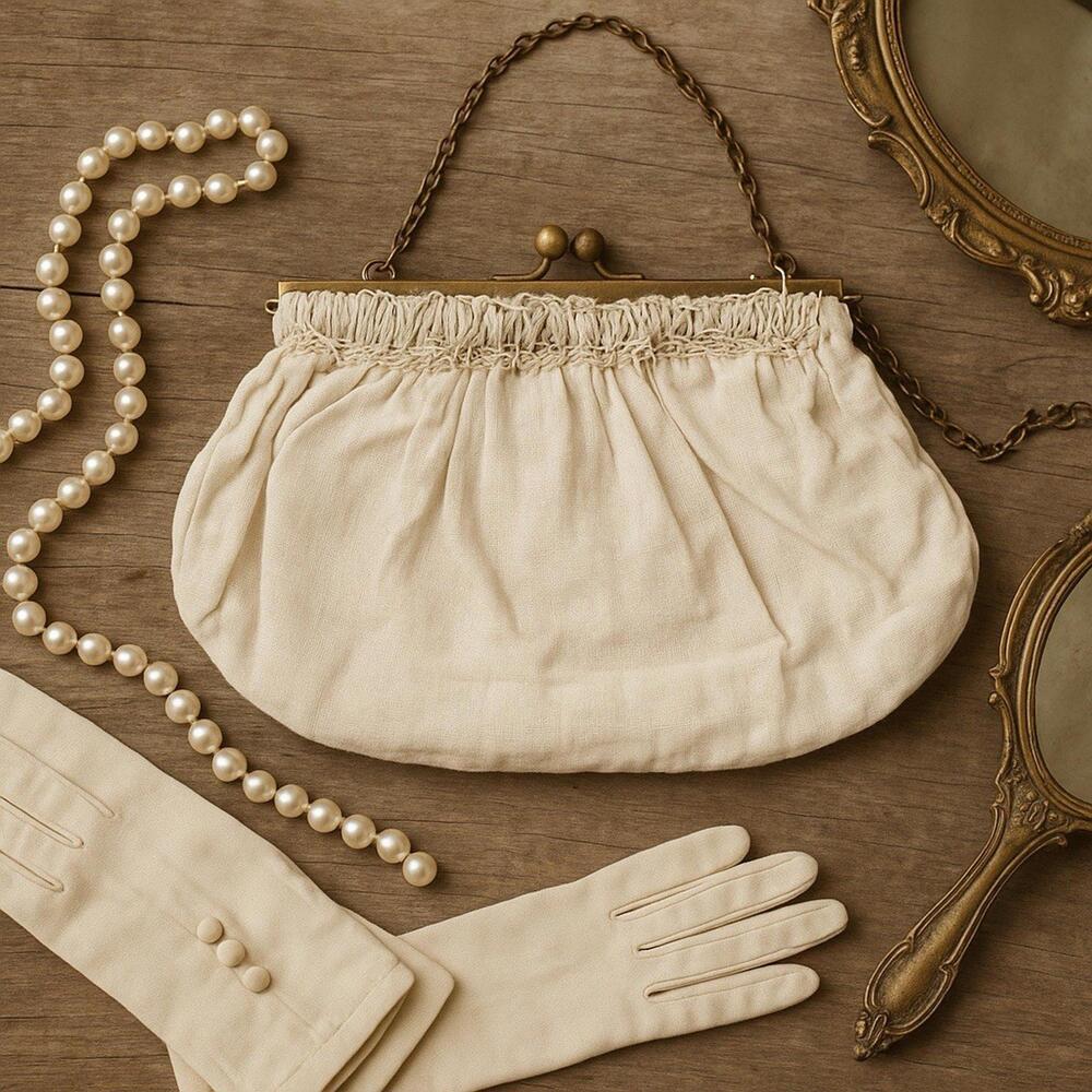 Ed B Robinson 1940s White Linen Purse Gold Frame Ruby Chain Strap, 7x5.5”